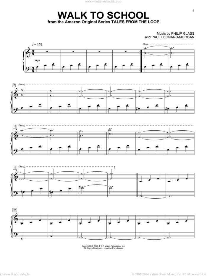 Walk To School (from Tales from the Loop) sheet music for piano solo by Philip Glass, Paul Leonard-Morgan and Philip Glass and Paul Leonard-Morgan, intermediate skill level