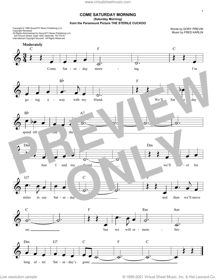 Come Saturday Morning (Saturday Morning) sheet music for voice and other instruments (fake book) by The Sandpipers, Dory Previn and Fred Karlin, easy skill level