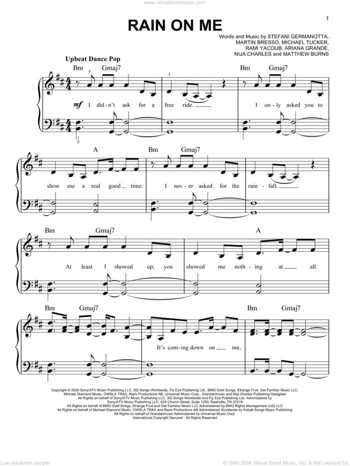 Rain On Me, (easy) sheet music for piano solo by Lady Gaga & Ariana Grande, Alexander Ridha, Ariana Grande, Lady Gaga, Martin Bresso, Matthew Burns, Michael Tucker, Nija Charles and Rami, easy skill level