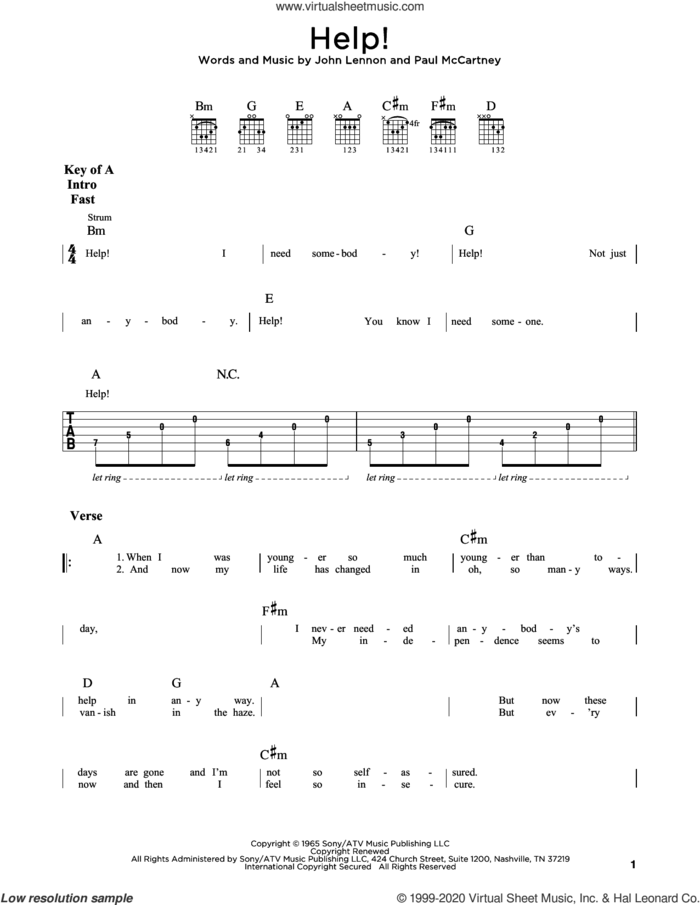 Help! sheet music for guitar (rhythm tablature) by The Beatles, John Lennon and Paul McCartney, intermediate skill level