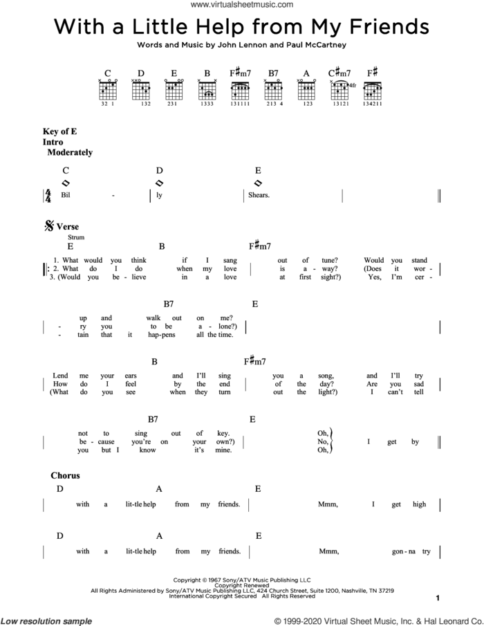 With A Little Help From My Friends sheet music for guitar (rhythm tablature) by The Beatles, John Lennon and Paul McCartney, intermediate skill level