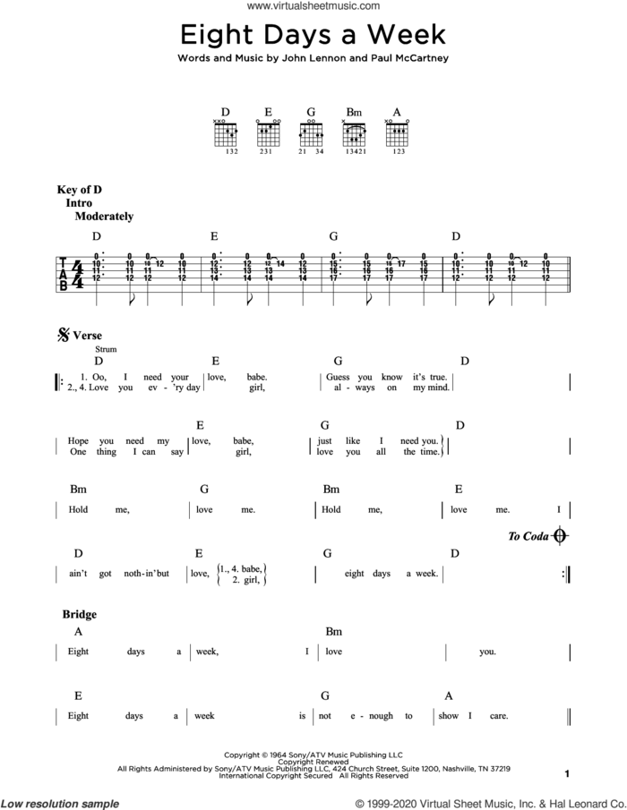 Eight Days A Week sheet music for guitar (rhythm tablature) by The Beatles, John Lennon and Paul McCartney, intermediate skill level