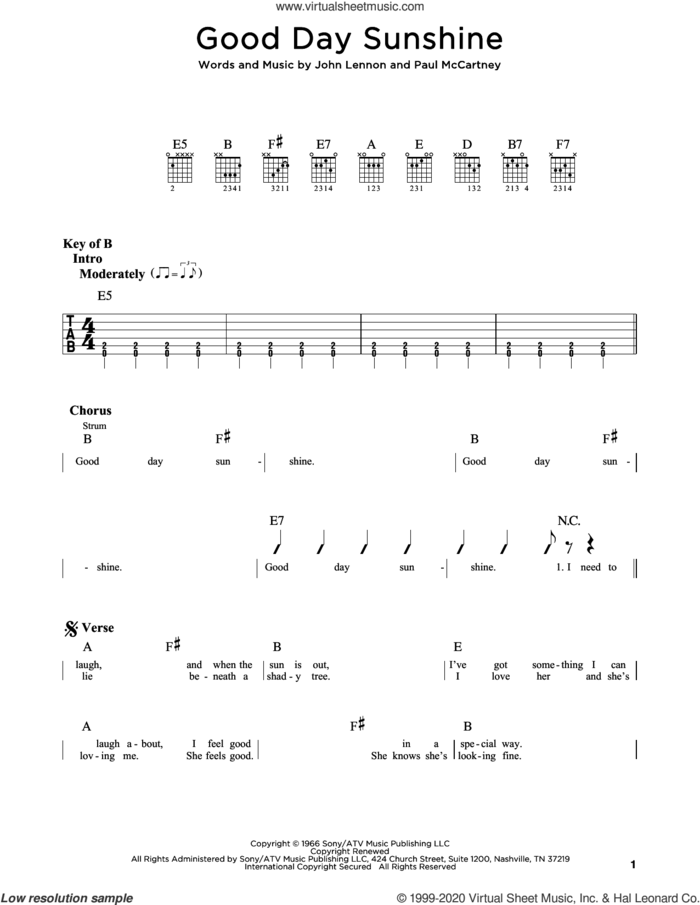 Good Day Sunshine sheet music for guitar (rhythm tablature) by The Beatles, John Lennon and Paul McCartney, intermediate skill level