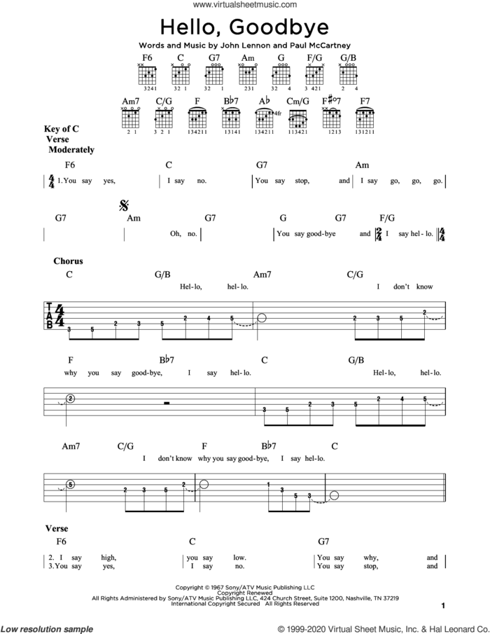Hello, Goodbye sheet music for guitar (rhythm tablature) by The Beatles, John Lennon and Paul McCartney, intermediate skill level