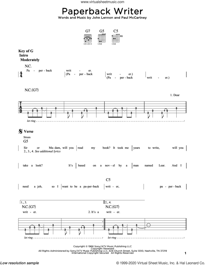 Paperback Writer sheet music for guitar (rhythm tablature) by The Beatles, John Lennon and Paul McCartney, intermediate skill level