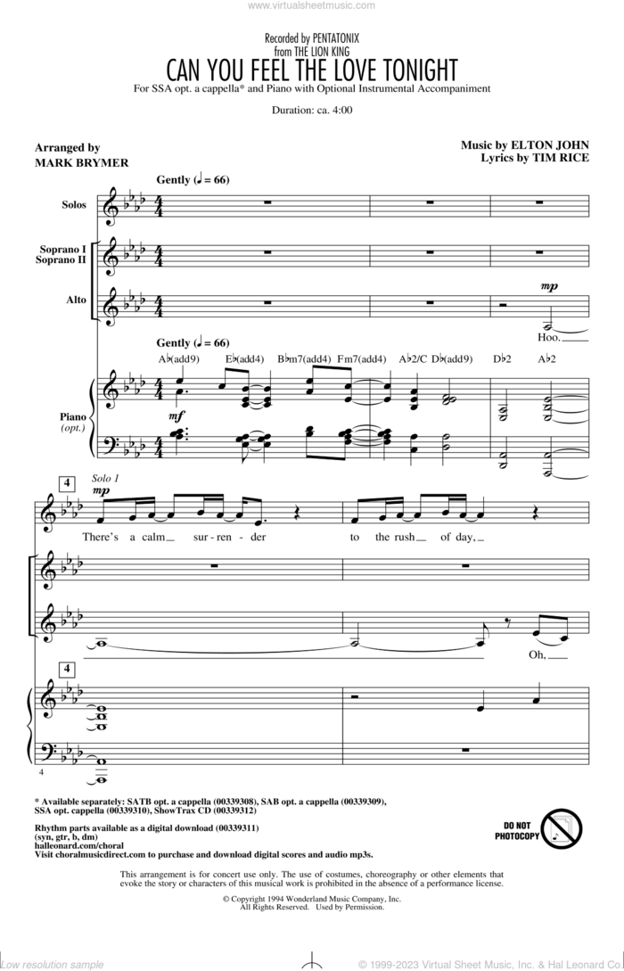 Can You Feel The Love Tonight (from The Lion King) (arr. Mark Brymer) sheet music for choir (SSA: soprano, alto) by Pentatonix, Mark Brymer, Elton John and Tim Rice, wedding score, intermediate skill level