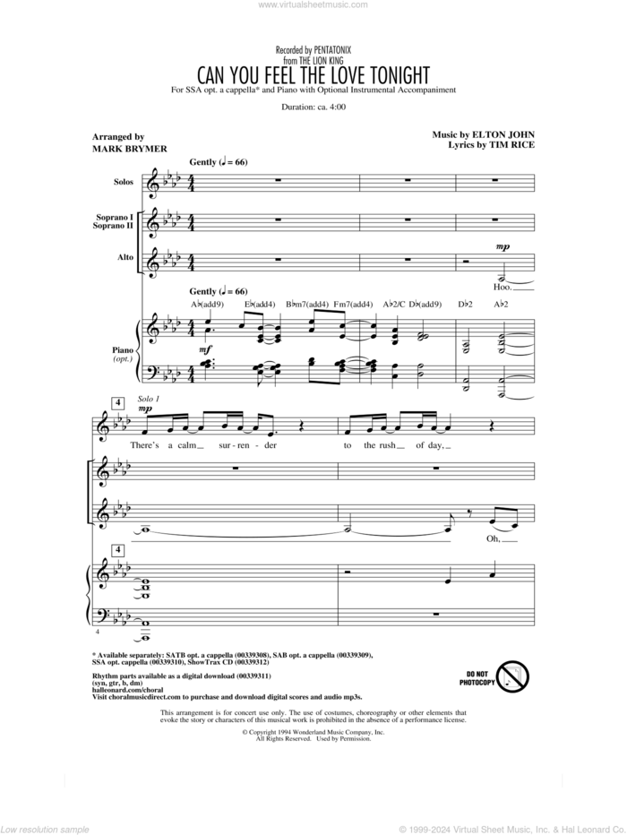 Can You Feel The Love Tonight (from The Lion King) (arr. Mark Brymer) sheet music for choir (SSA: soprano, alto) by Pentatonix, Mark Brymer, Elton John and Tim Rice, wedding score, intermediate skill level