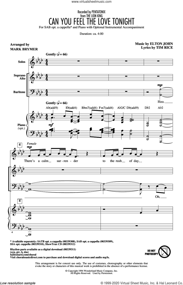 Can You Feel The Love Tonight (from The Lion King) (arr. Mark Brymer) sheet music for choir (SAB: soprano, alto, bass) by Pentatonix, Mark Brymer, Elton John and Tim Rice, intermediate skill level
