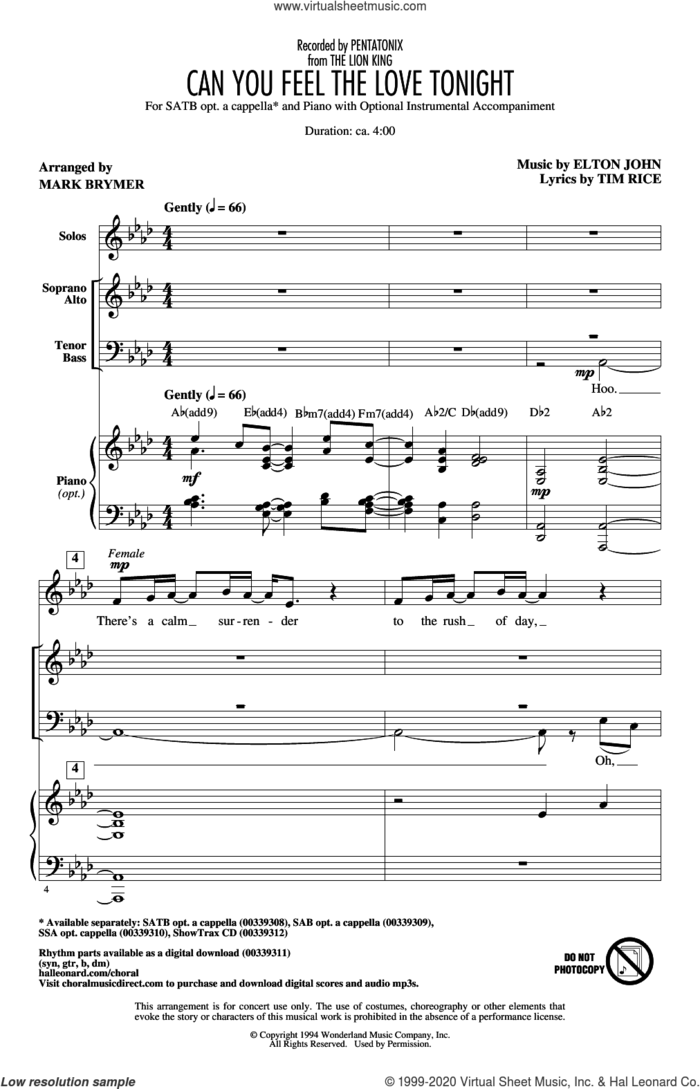 Can You Feel The Love Tonight (from The Lion King) (arr. Mark Brymer) sheet music for choir (SATB: soprano, alto, tenor, bass) by Pentatonix, Mark Brymer, Elton John and Tim Rice, wedding score, intermediate skill level