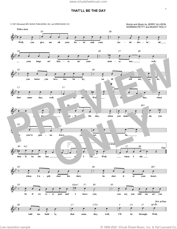That'll Be The Day sheet music for voice and other instruments (fake book) by The Crickets, Buddy Holly, Jerry Allison and Norman Petty, intermediate skill level