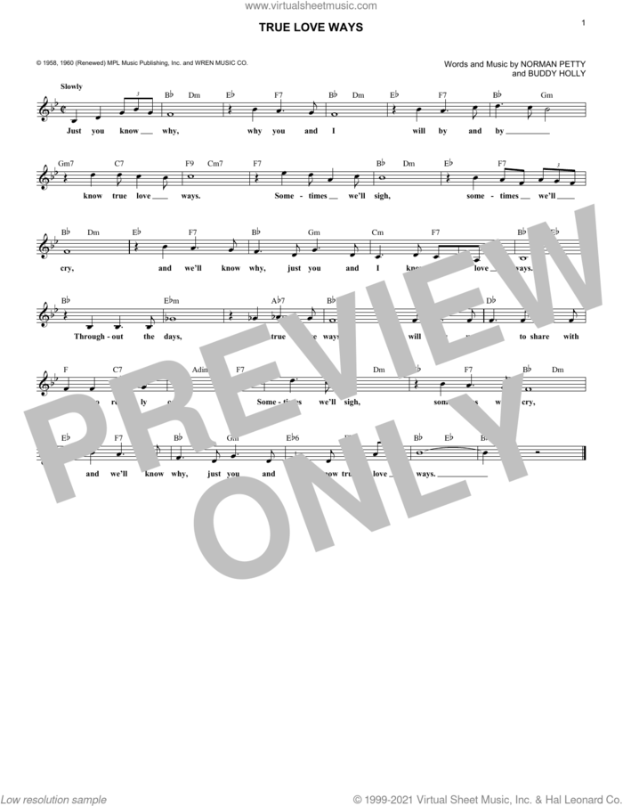 True Love Ways sheet music for voice and other instruments (fake book) by Buddy Holly and Norman Petty, intermediate skill level