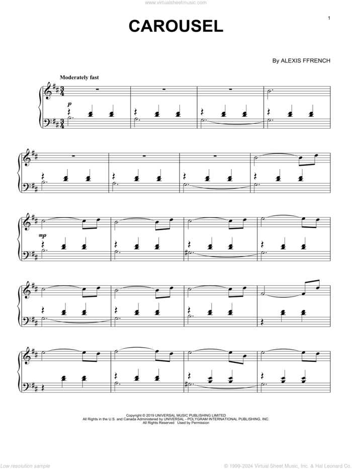 Carousel sheet music for piano solo by Alexis Ffrench, classical score, intermediate skill level
