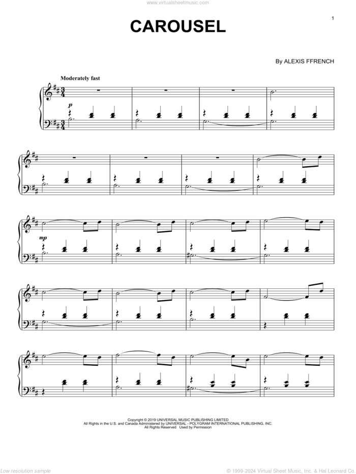 Carousel sheet music for piano solo by Alexis Ffrench, classical score, intermediate skill level