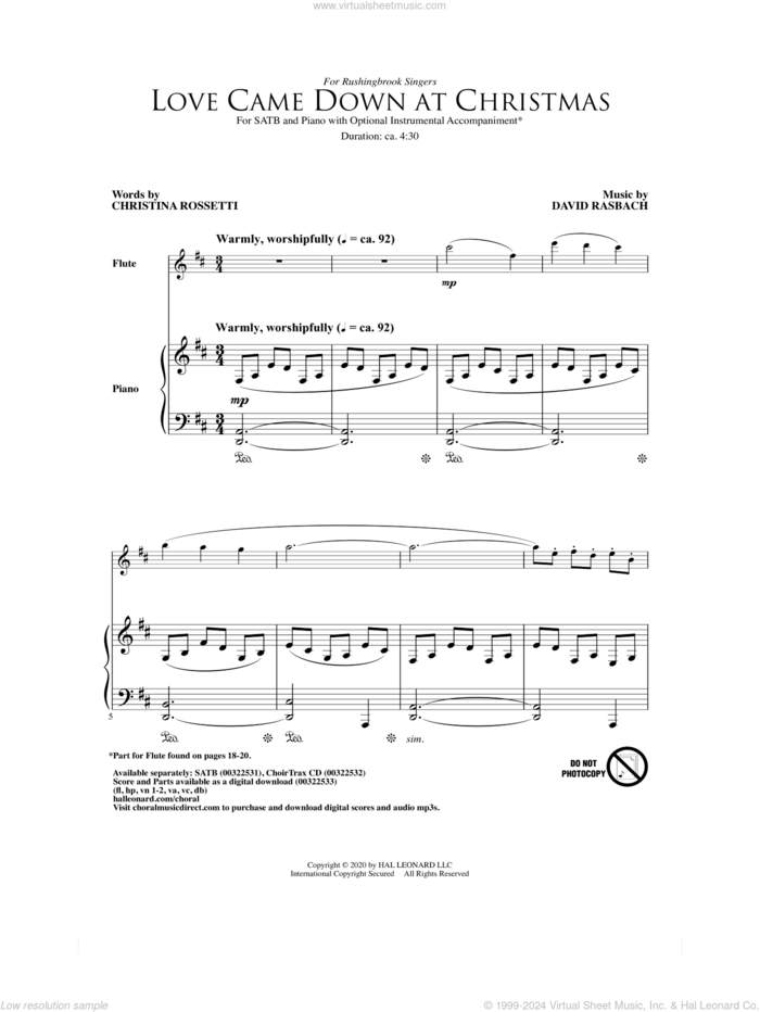 Love Came Down At Christmas sheet music for choir (SATB: soprano, alto, tenor, bass) by David Rasbach, Christina Rossetti and Christina Rossetti and David Rasbach, intermediate skill level