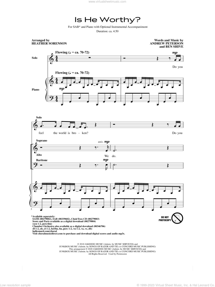 Is He Worthy? (arr. Heather Sorenson) sheet music for choir (SAB: soprano, alto, bass) by Andrew Peterson, Heather Sorenson, Andrew Peterson and Ben Shive and Ben Shive, intermediate skill level