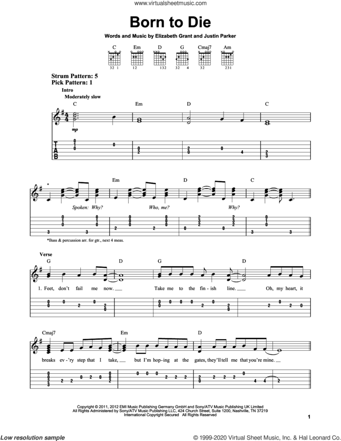 Born To Die sheet music for guitar solo (easy tablature) by Lana Del Ray, Elizabeth Grant and Justin Parker, easy guitar (easy tablature)