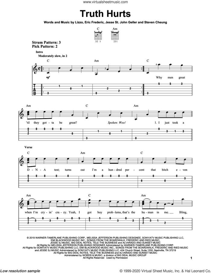 Truth Hurts sheet music for guitar solo (easy tablature) by Lizzo, Eric Frederic, Jesse St. John Geller and Steven Cheung, easy guitar (easy tablature)