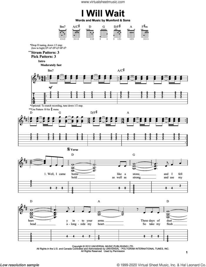 I Will Wait sheet music for guitar solo (easy tablature) by Mumford & Sons, easy guitar (easy tablature)