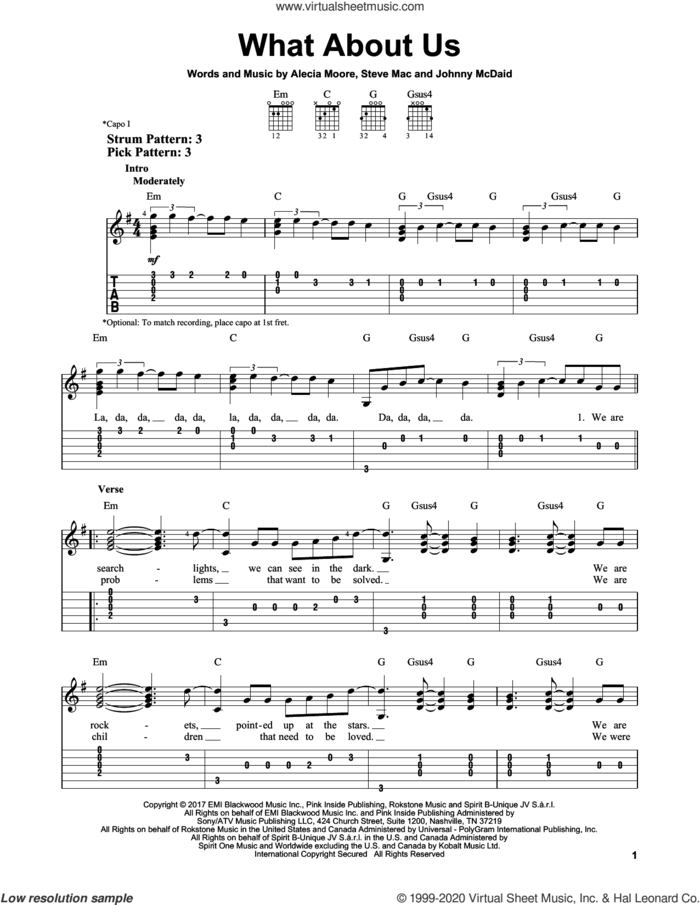 What About Us sheet music for guitar solo (easy tablature) by Steve Mac, Miscellaneous, Alecia Moore and Johnny McDaid, easy guitar (easy tablature)