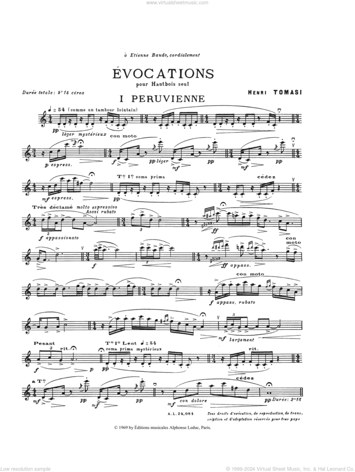 Evocations sheet music for oboe solo by Henry Tomasi, classical score, intermediate skill level