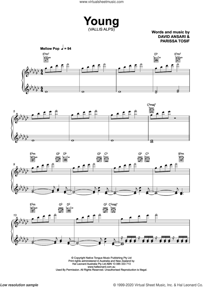 Young sheet music for voice, piano or guitar by Vallis Alps, David Ansari and Parissa Tosif, intermediate skill level