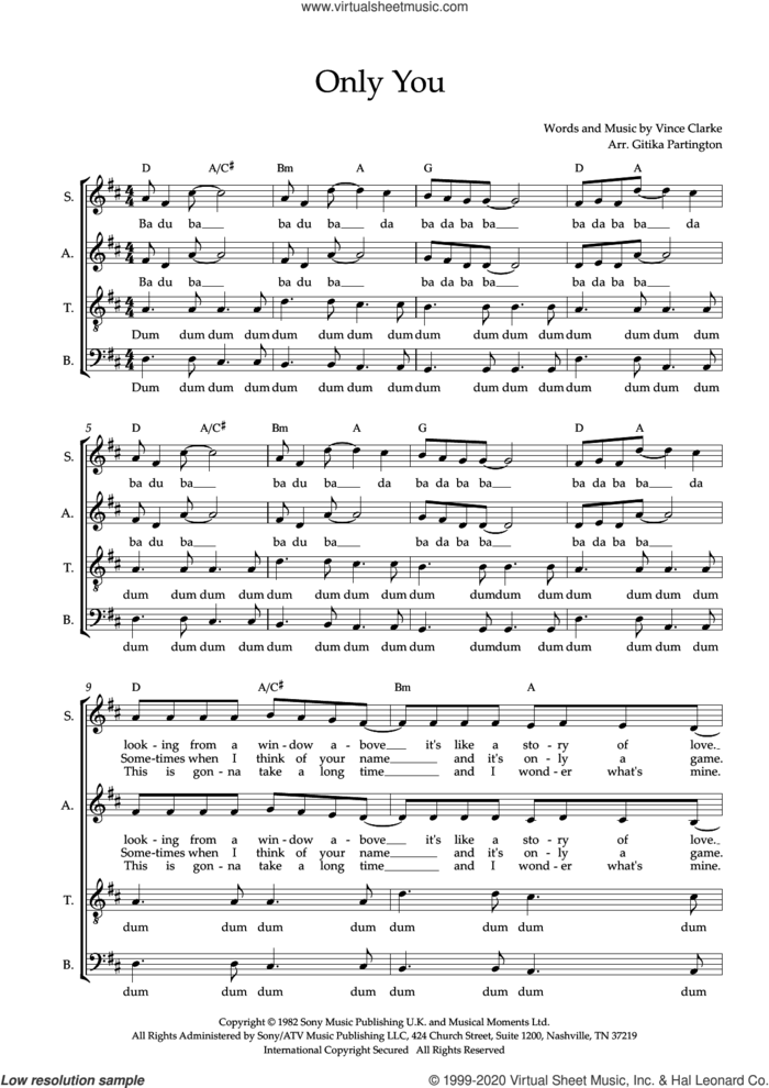 Only You (arr. Gitika Partington) sheet music for choir (SATB: soprano, alto, tenor, bass) by Yazoo, Gitika Partington and Vince Clarke, intermediate skill level