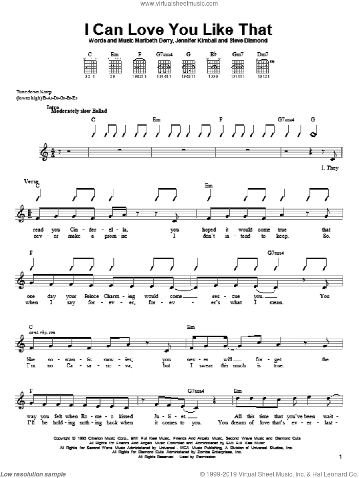 I Can Love You Like That sheet music for guitar solo (chords) by All-4-One, John Michael Montgomery, Jennifer Kimball, Maribeth Derry and Steve Diamond, wedding score, easy guitar (chords)