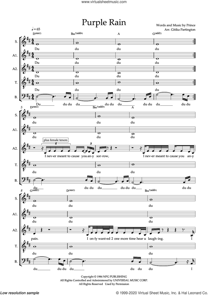 Purple Rain (arr. Gitika Partington) sheet music for choir (SAATB) by Prince and Gitika Partington, intermediate skill level