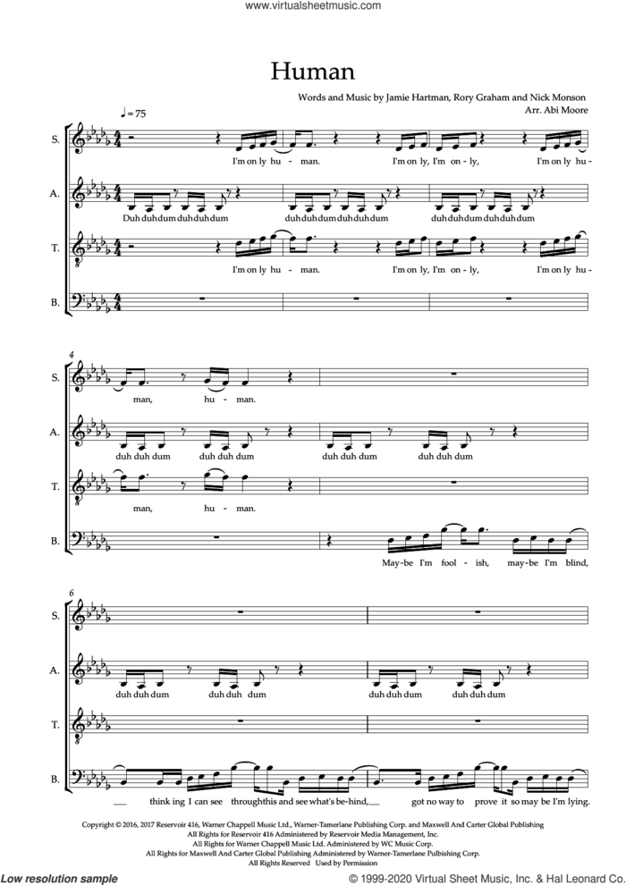 Human (arr. Abi Moore) sheet music for choir (SATB: soprano, alto, tenor, bass) by Rag'n'Bone Man, Abi Moore, Jamie Hartman and Rory Graham, intermediate skill level