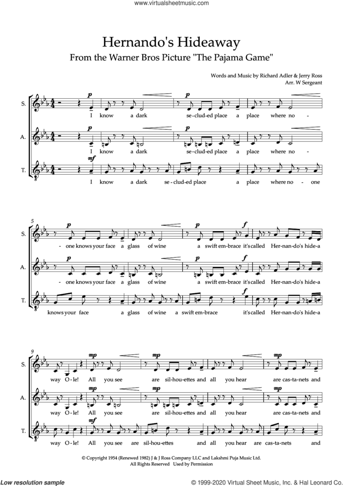 Hernando's Hideaway (arr. Wendy Sergeant) sheet music for choir (SAT: soprano, alto, tenor) by Archie Blayer, Wendy Sergeant, Jerry Ross and Richard Adler, intermediate skill level