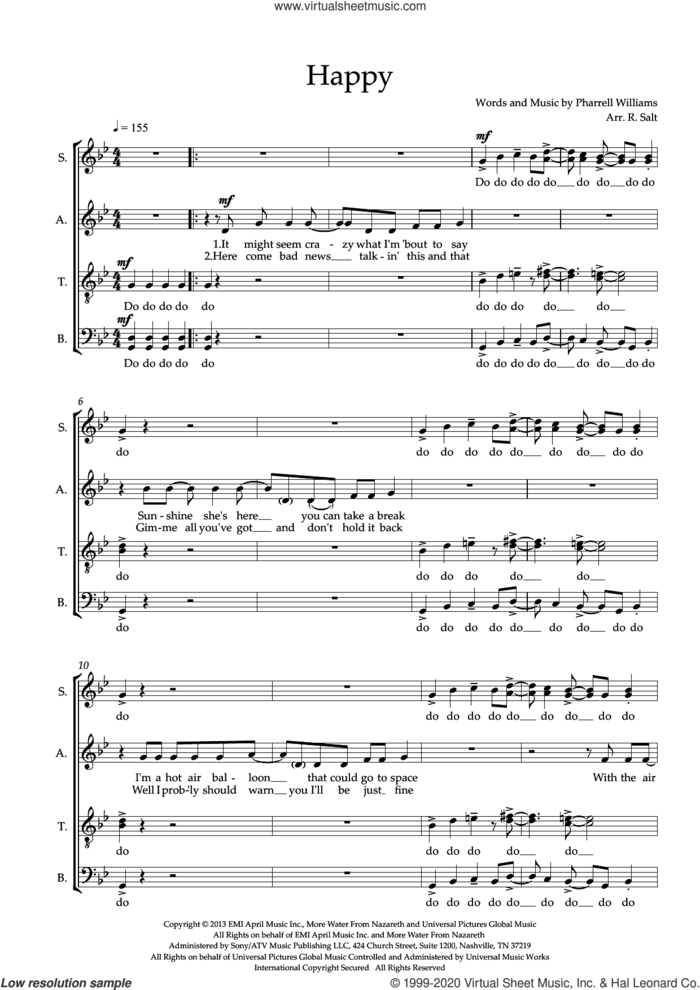Happy (arr. Richard Salt) sheet music for choir (SSATTB) by Pharrell Williams and Richard Salt, intermediate skill level