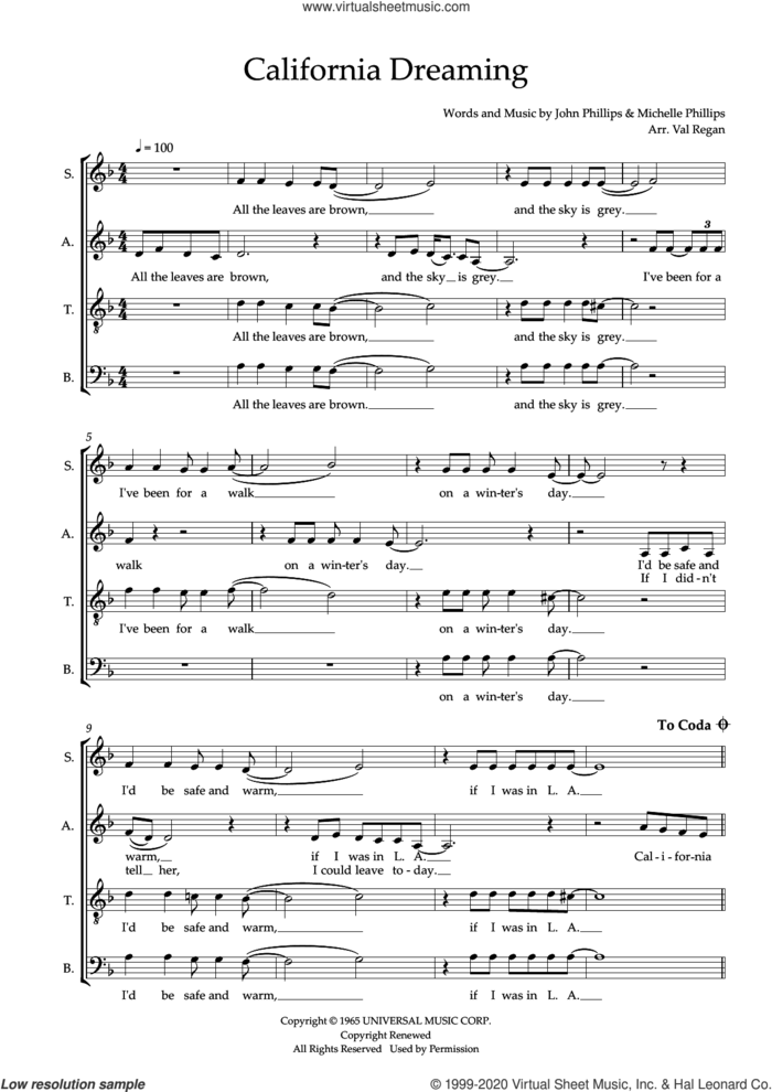 California Dreaming (arr. Val Regan) sheet music for choir (SATB: soprano, alto, tenor, bass) by The Mamas and the Papas, Val Regan, John Phillips and Michelle Phillips, intermediate skill level