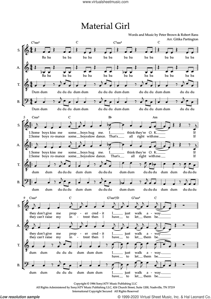 Material Girl (arr. Gitika Partington) sheet music for choir (SATB: soprano, alto, tenor, bass) by Madonna, Gitika Partington, Pete Brown and Robert Rans, intermediate skill level