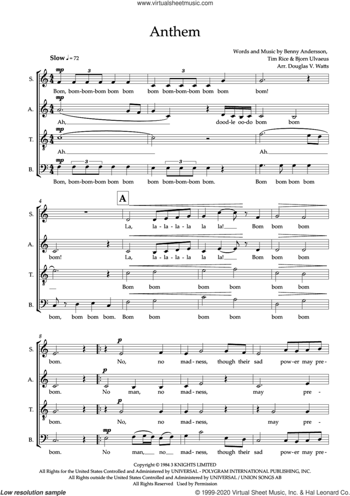Anthem (from Chess the Musical) (arr. Doug Watts) sheet music for choir (SATB: soprano, alto, tenor, bass) by Tim Rice, Doug Watts, Benny Andersson and Bjorn Ulvaeus, intermediate skill level