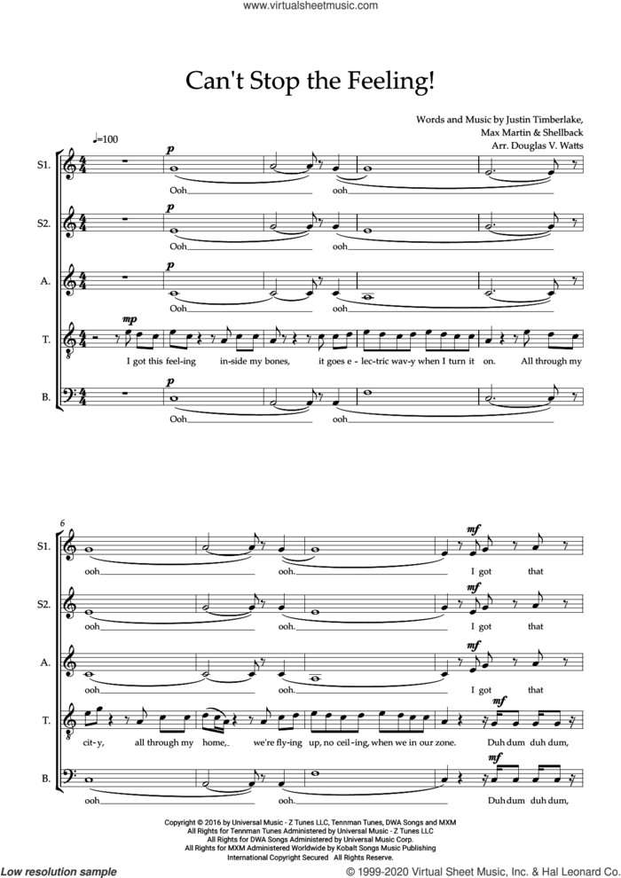 Can't Stop The Feeling! (arr. Doug Watts) sheet music for choir (SSATB) by Justin Timberlake, Doug Watts, Max Martin and Shellback, intermediate skill level