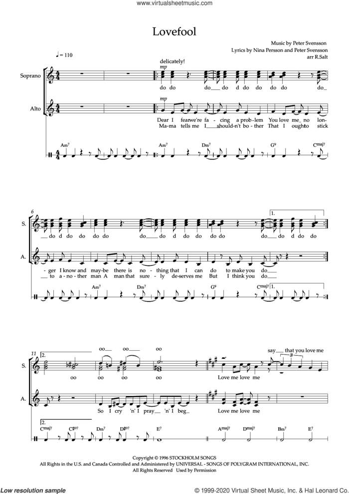 Lovefool (arr. Richard Salt) sheet music for choir (SSAA: soprano, alto) by The Cardigans, Richard Salt, Nina Persson and Peter Svensson, intermediate skill level