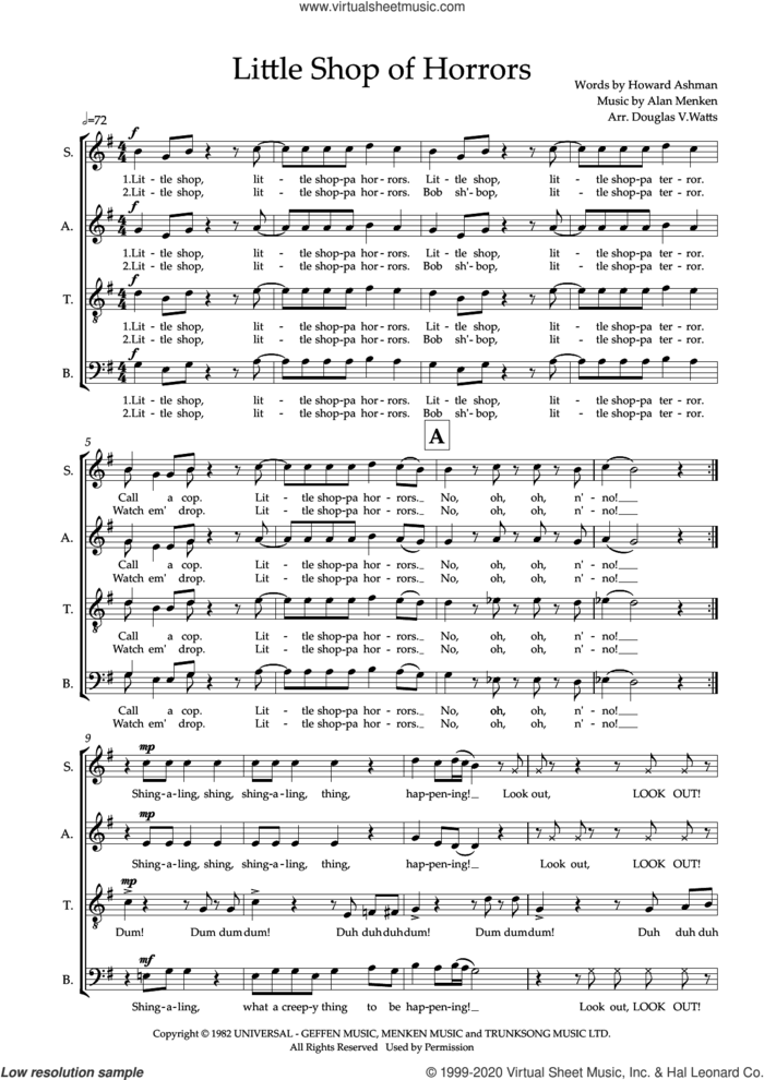Little Shop Of Horrors (arr. Doug Watts) sheet music for choir (SATB: soprano, alto, tenor, bass) by Alan Menken, Doug Watts and Howard Ashman, intermediate skill level