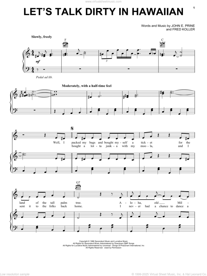 Let's Talk Dirty In Hawaiian sheet music for voice, piano or guitar by John Prine, Fred Koller and John E. Prine, intermediate skill level