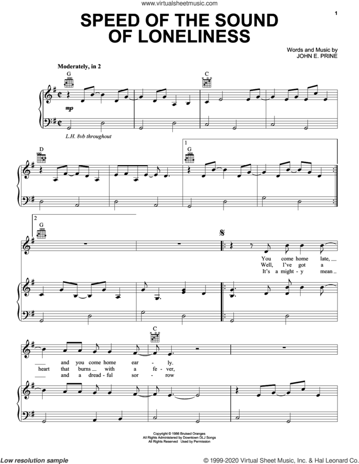 Speed Of The Sound Of Loneliness sheet music for voice, piano or guitar by John Prine and John E. Prine, intermediate skill level