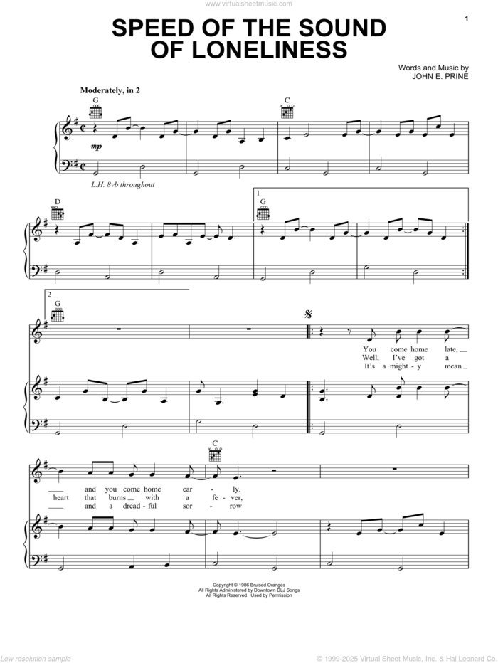 Speed Of The Sound Of Loneliness sheet music for voice, piano or guitar by John Prine and John E. Prine, intermediate skill level