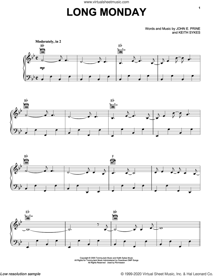 Long Monday sheet music for voice, piano or guitar by John Prine, John E. Prine and Keith Sykes, intermediate skill level