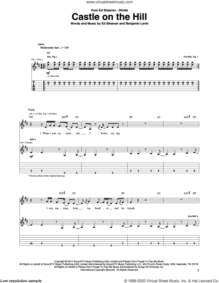Castle On The Hill sheet music for guitar (tablature) by Ed Sheeran and Benjamin Levin, intermediate skill level