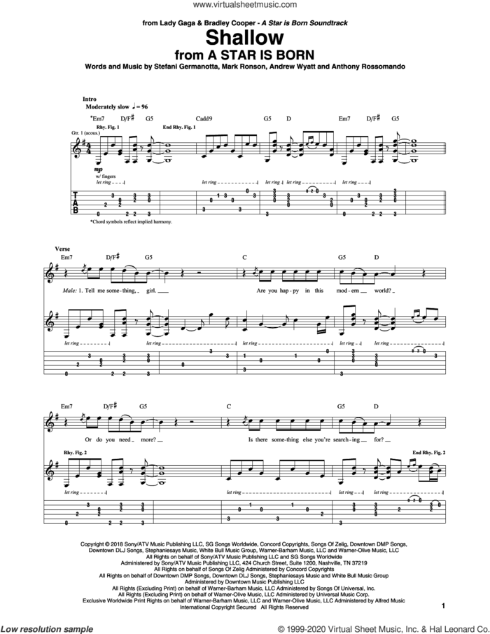 Shallow (from A Star Is Born) sheet music for guitar (tablature) by Lady Gaga & Bradley Cooper, Bradley Cooper, Andrew Wyatt, Anthony Rossomando, Lady Gaga and Mark Ronson, intermediate skill level