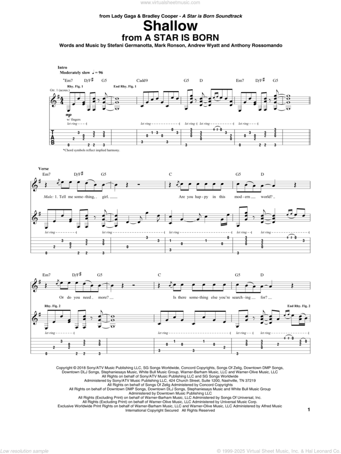 Shallow (from A Star Is Born) sheet music for guitar (tablature) by Lady Gaga & Bradley Cooper, Bradley Cooper, Andrew Wyatt, Anthony Rossomando, Lady Gaga and Mark Ronson, intermediate skill level