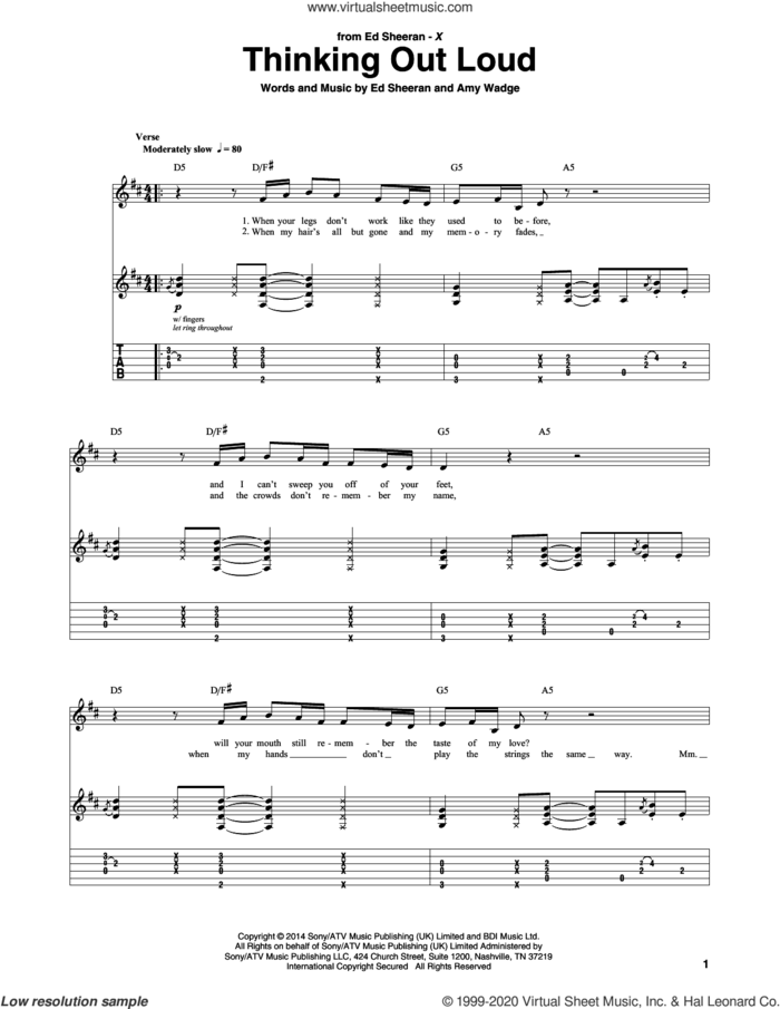 Thinking Out Loud sheet music for guitar (tablature) by Ed Sheeran and Amy Wadge, wedding score, intermediate skill level