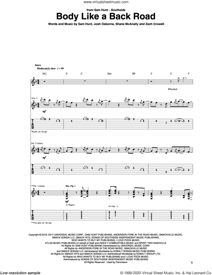 Body Like A Back Road sheet music for guitar (tablature) by Sam Hunt, Josh Osborne, Shane McAnally and Zach Crowell, intermediate skill level