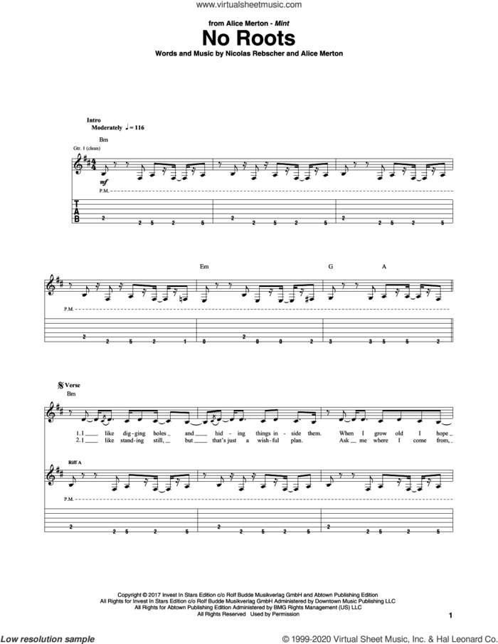 No Roots sheet music for guitar (tablature) by Alice Merton and Nicolas Rebscher, intermediate skill level