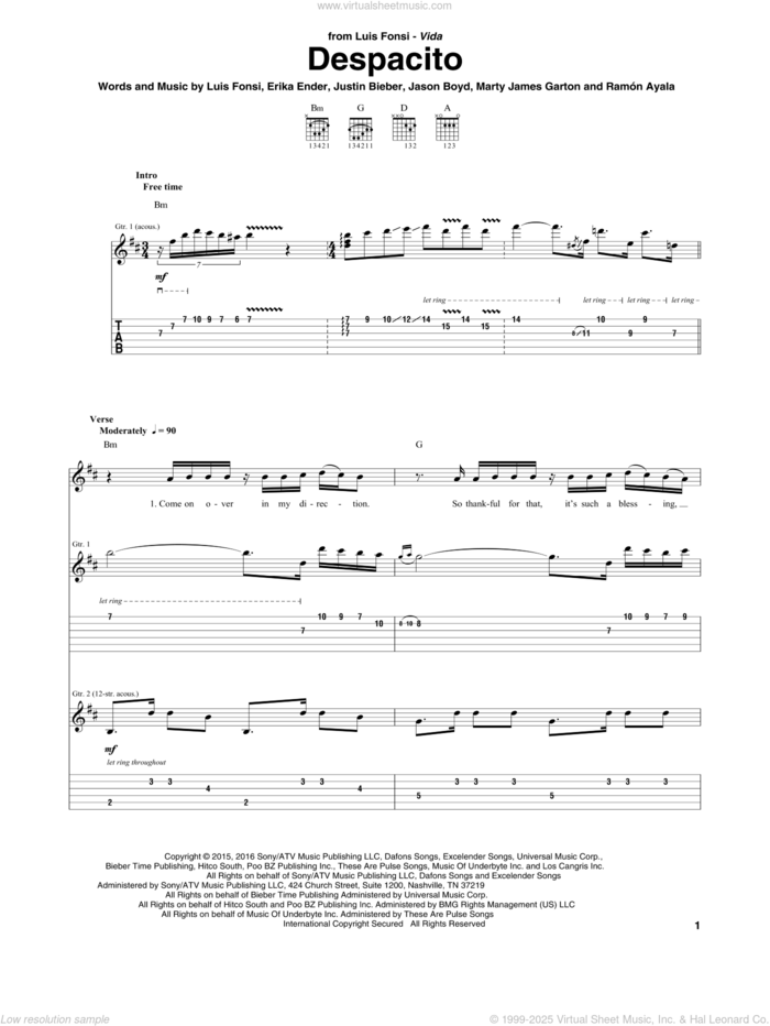 Despacito sheet music for guitar (tablature) by Luis Fonsi & Daddy Yankee feat. Justin Bieber, Erika Ender, Luis Fonsi and Ramon Ayala, intermediate skill level