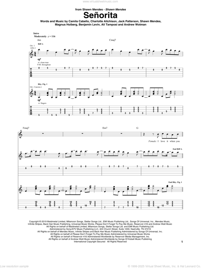 Señorita sheet music for guitar (tablature) by Shawn Mendes & Camila Cabello, Ali Tamposi, Andrew Wotman, Benjamin Levin, Camila Cabello, Charlotte Aitchison, Jack Patterson, Magnus Hoiberg and Shawn Mendes, intermediate skill level