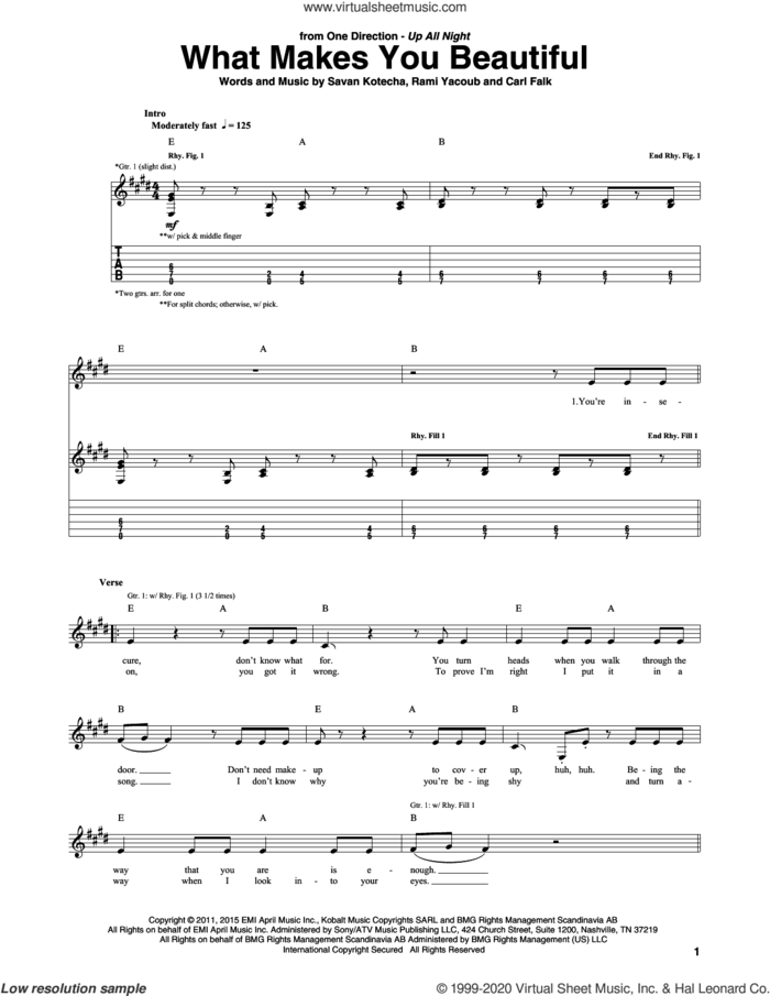 What Makes You Beautiful sheet music for guitar (tablature) by One Direction, Carl Falk, Rami and Savan Kotecha, intermediate skill level